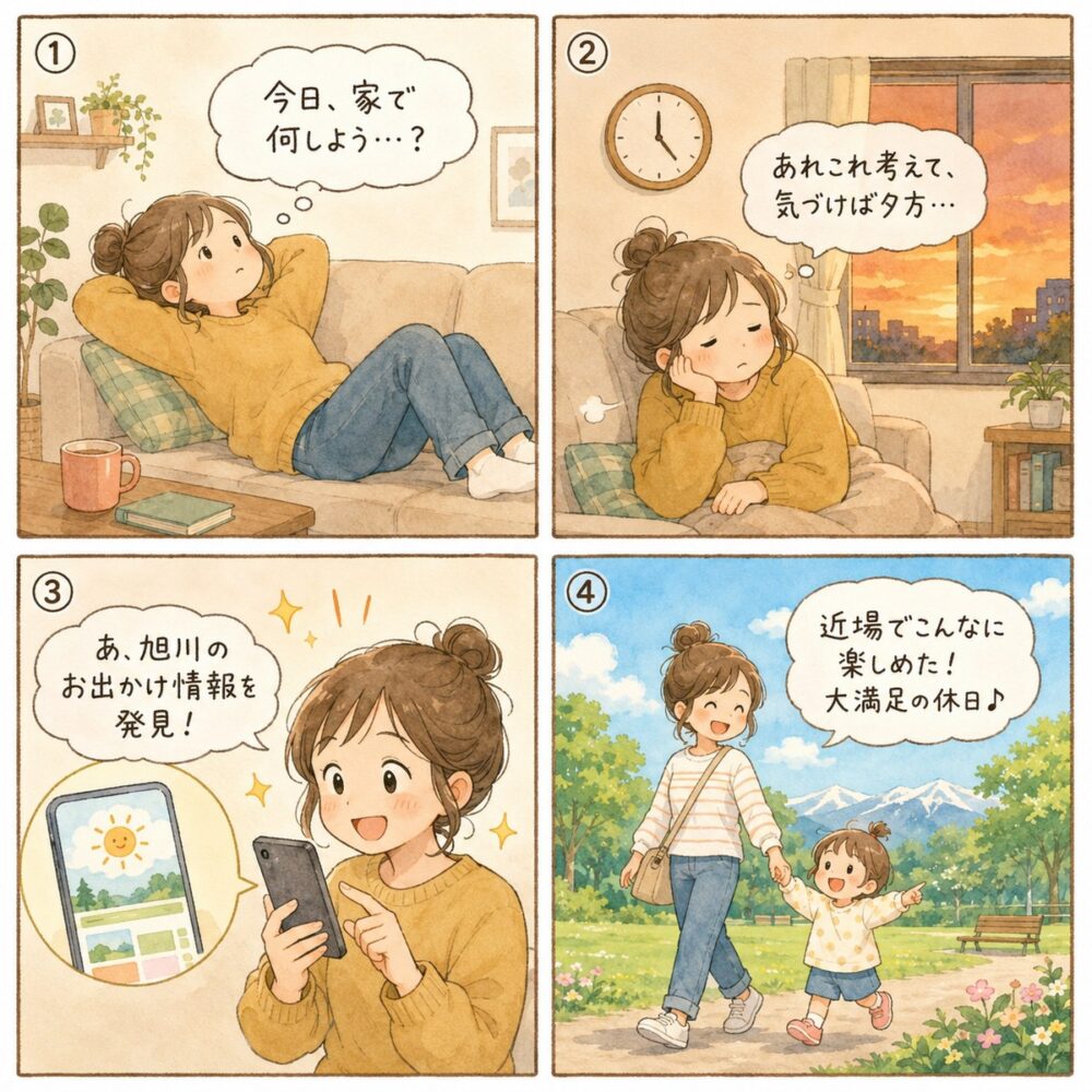 旭川近郊で子どもと休日を楽しむ家族の4コマ漫画