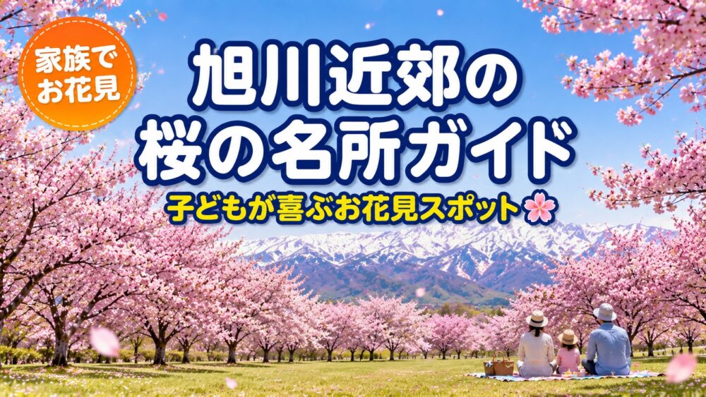 旭川近郊の桜の名所｜満開のエゾヤマザクラ並木と残雪の大雪山を望む公園で家族がお花見
