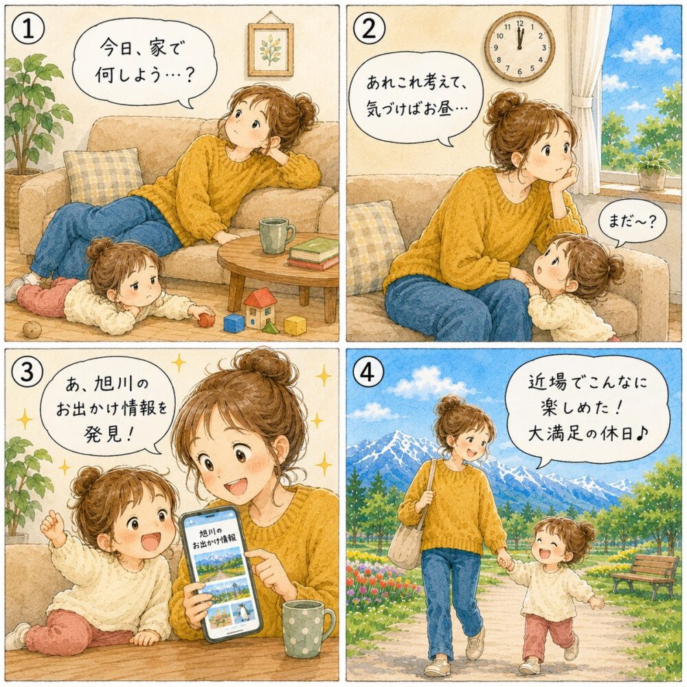 旭川近郊で子どもと休日を楽しむ家族の4コマ漫画