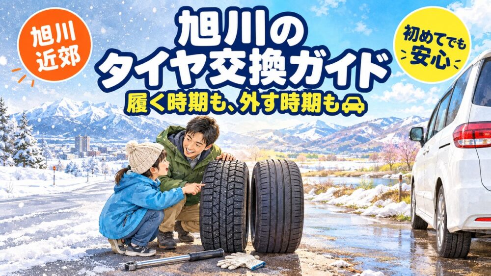 旭川のタイヤ交換ガイド。雪道と雪解けの道を背景に、スタッドレスと夏タイヤを見る親子のイラスト
