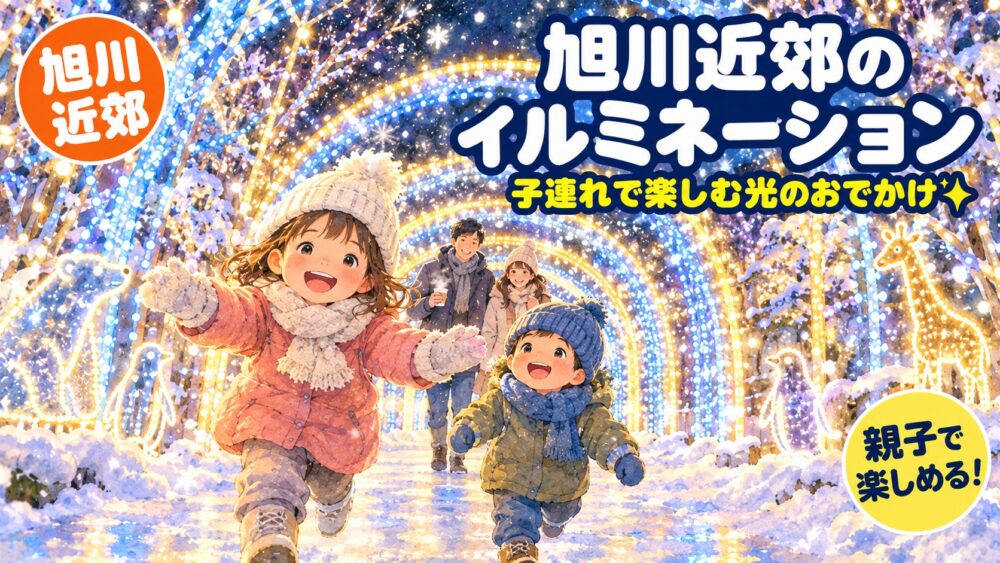旭川近郊のイルミネーション。光のトンネルを駆ける子どもたちと、動物の形のイルミネーション