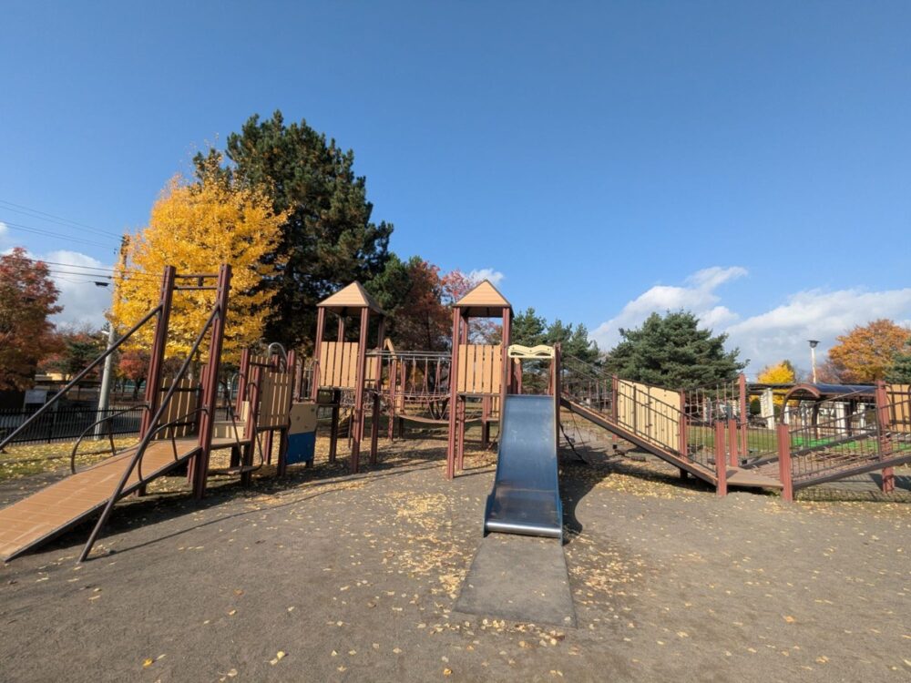 末広中央公園 とんがり屋根の塔がある大きな木の遊具